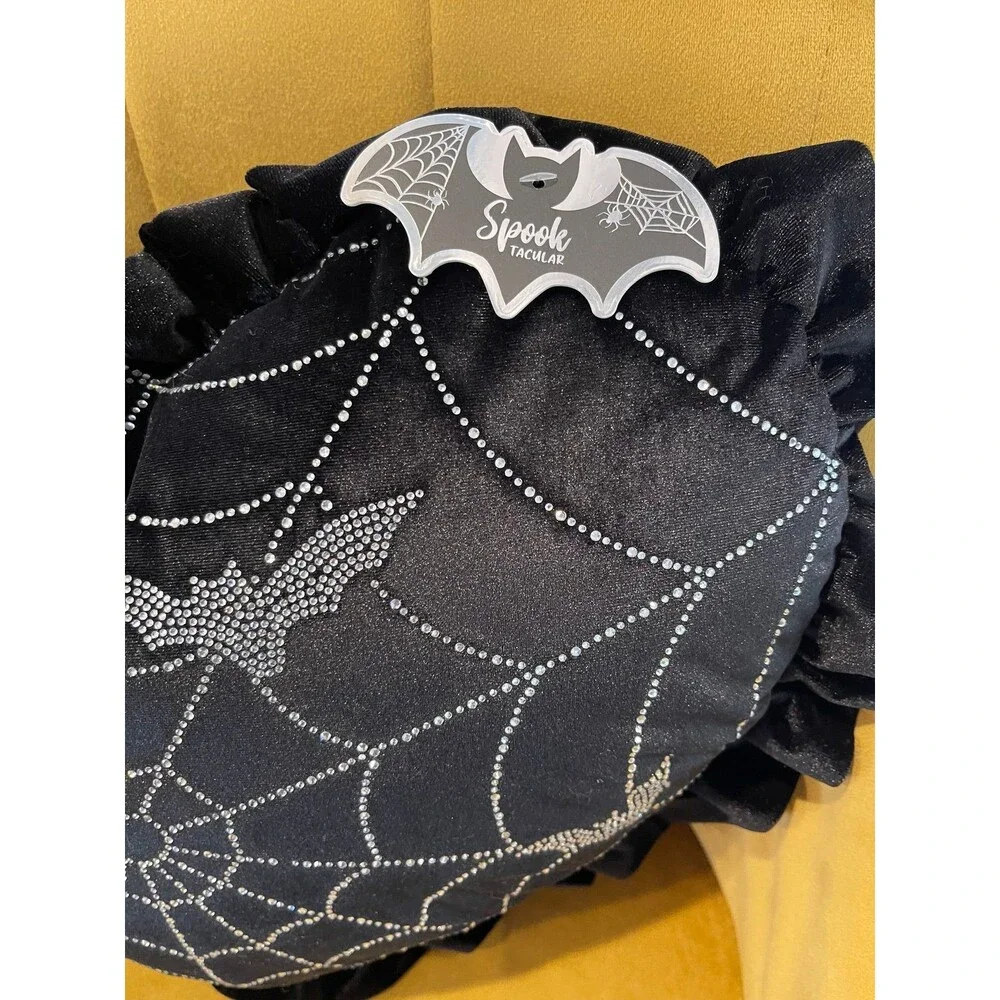 NEW Spooktakular Black Heart with Rhinestone Bats and Spiderweb Halloween Pillow